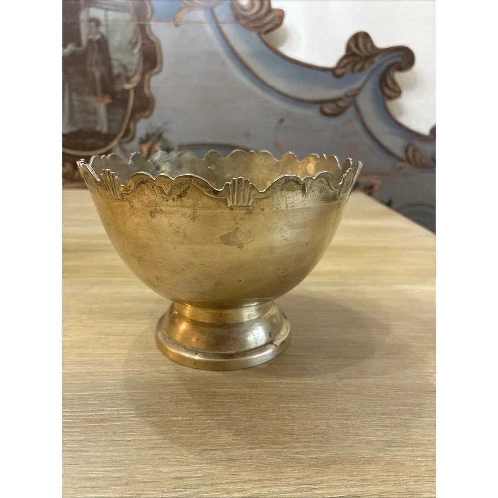 Solid Brass Bowl Scalloped Rim Pedestal Base VTG 6